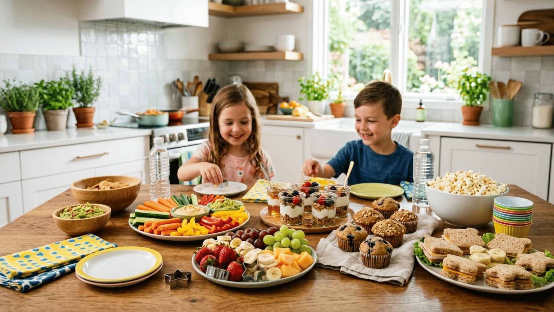 A variety of healthy snack ideas for kids including fruits, muffins, yogurt, and veggies arranged on a table