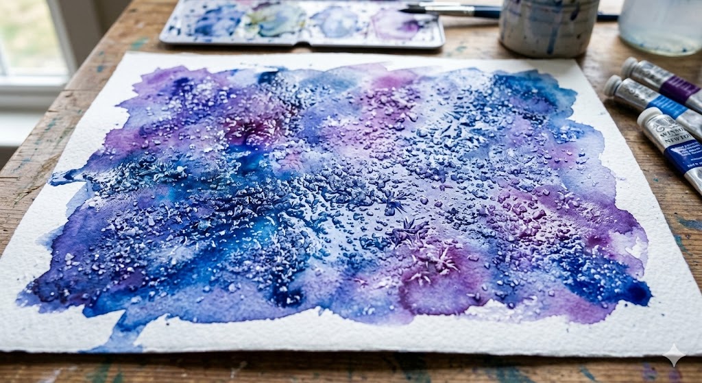 A wet watercolor painting in shades of blue and purple with a crystalline, sparkling texture created by sprinkled salt
