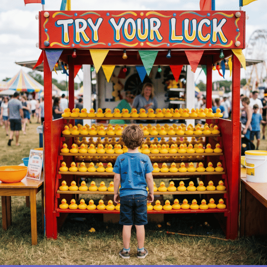 A young boy stands facing a bright red carnival game booth labeled TRY YOUR LUCK filled with rows of yellow rubber ducks, surrounded by a crowd at an outdoor fair under a partly cloudy sky.