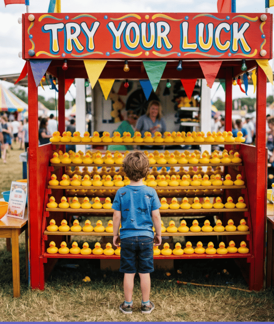 A young boy stands facing a bright red carnival game booth labeled TRY YOUR LUCK filled with rows of yellow rubber ducks, surrounded by a crowd at an outdoor fair under a partly cloudy sky.