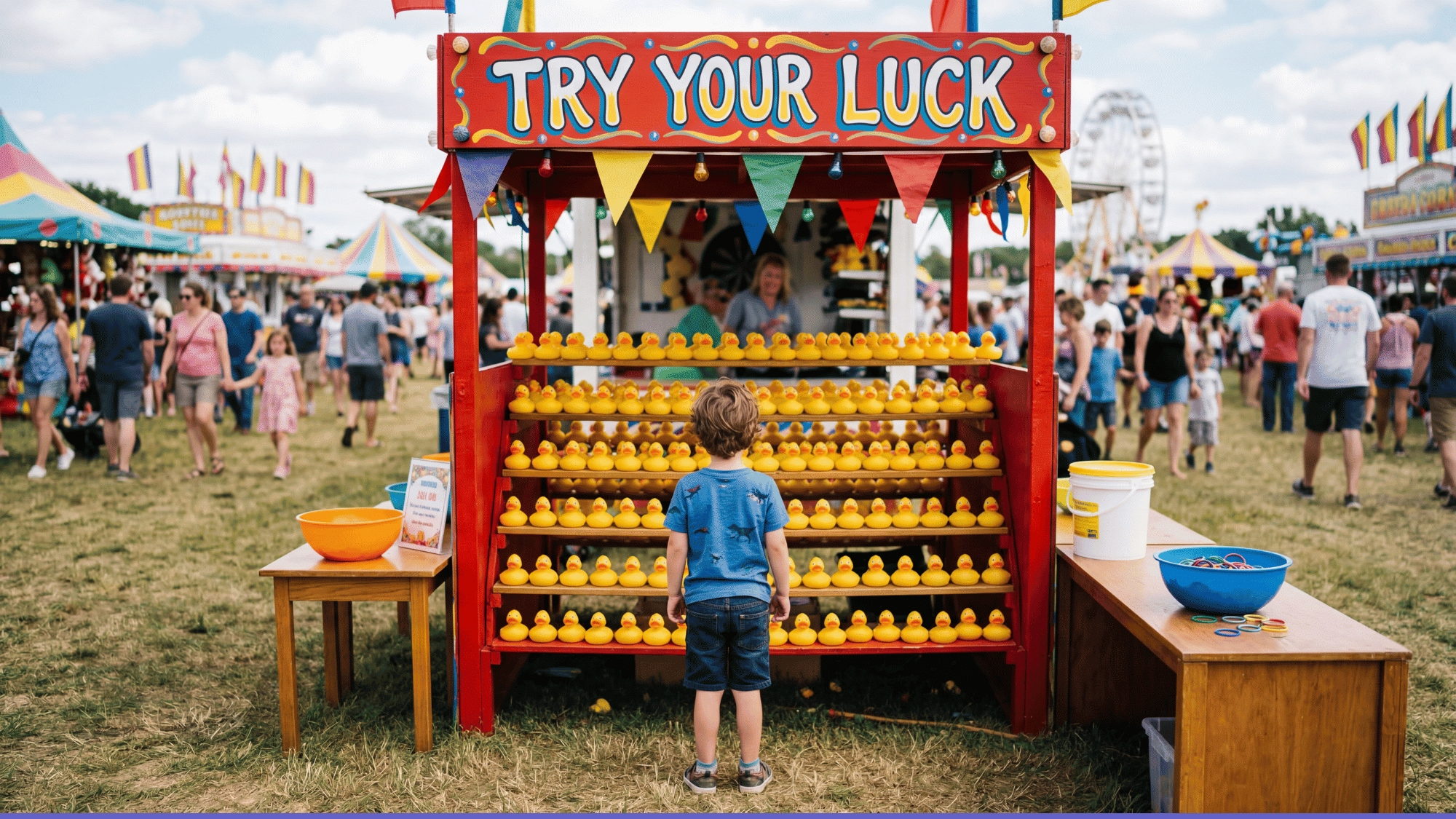 A young boy stands facing a bright red carnival game booth labeled TRY YOUR LUCK filled with rows of yellow rubber ducks, surrounded by a crowd at an outdoor fair under a partly cloudy sky.