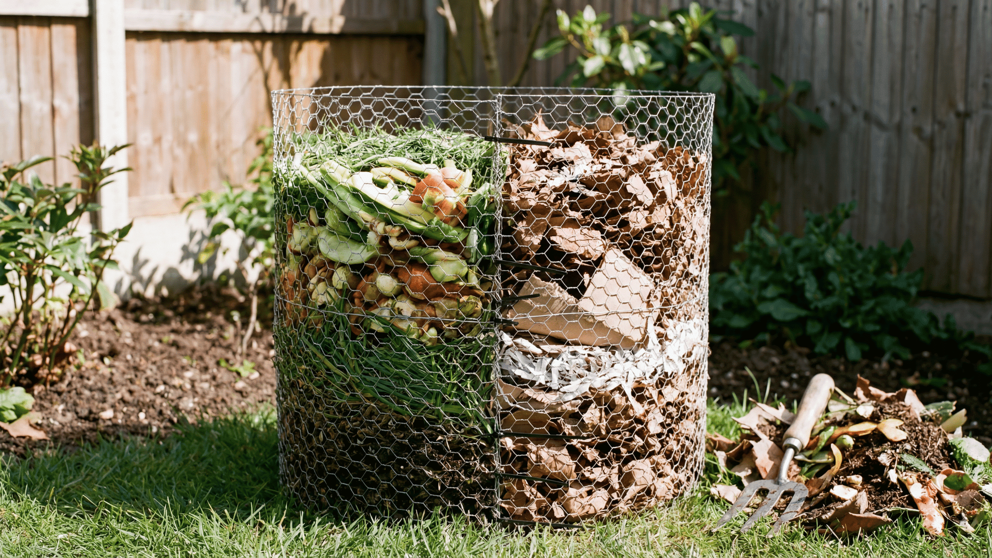 _Adding kitchen scraps and dry leaves into a homemade compost bin.
