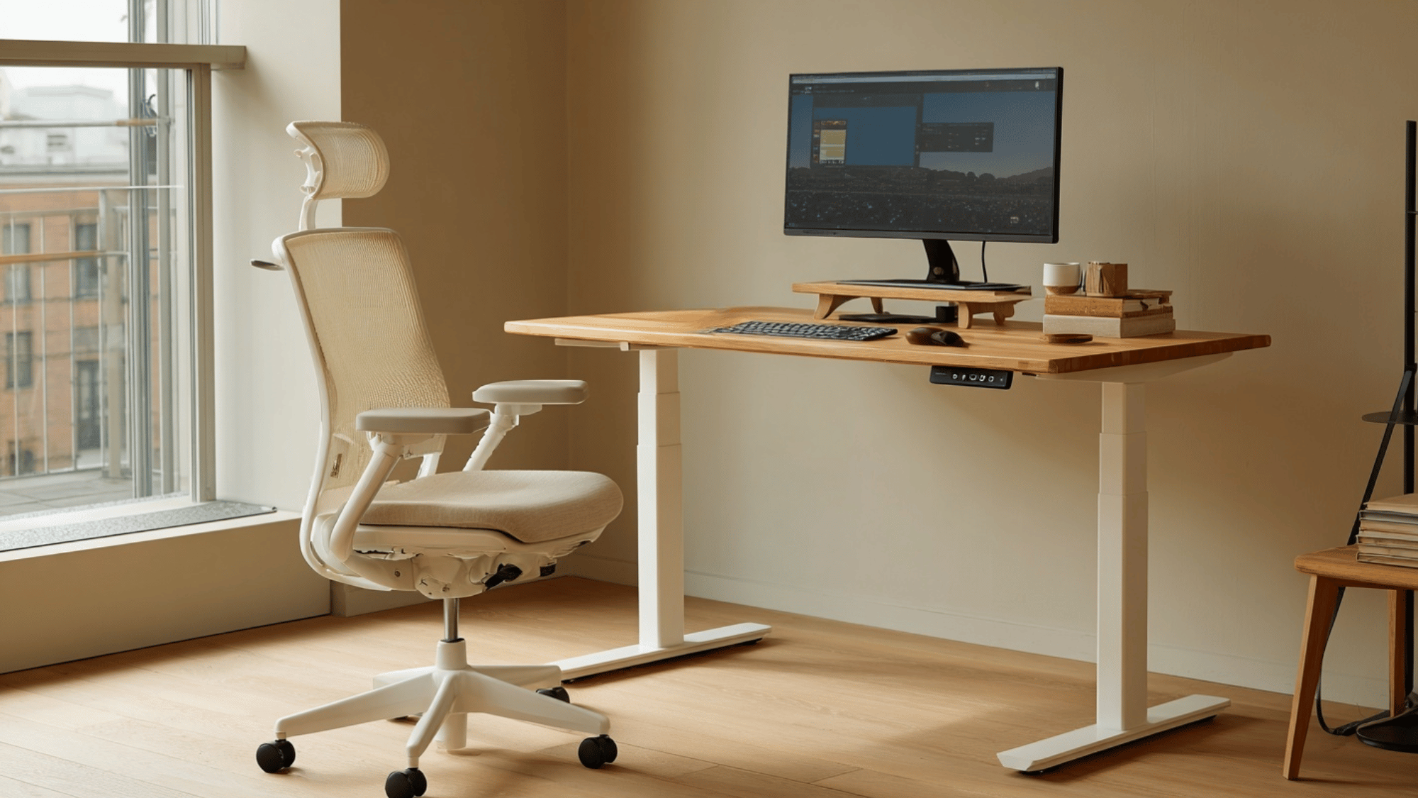 Adjustable standing desk raised for work with monitor and keyboard in a clean office