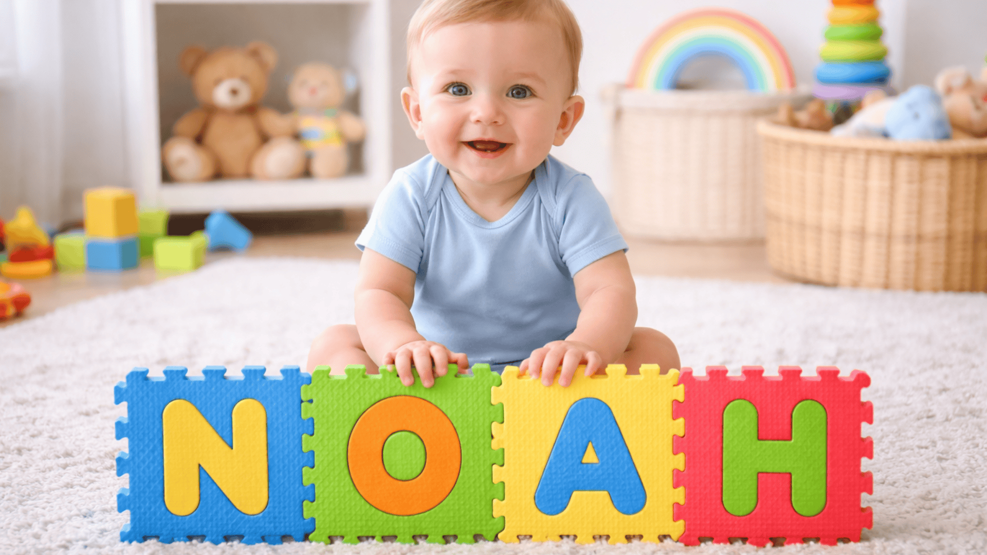 Adorable baby boy sitting on a soft rug with colorful foam puzzle tiles spelling “NOAH” in a bright, cheerful nursery setting.