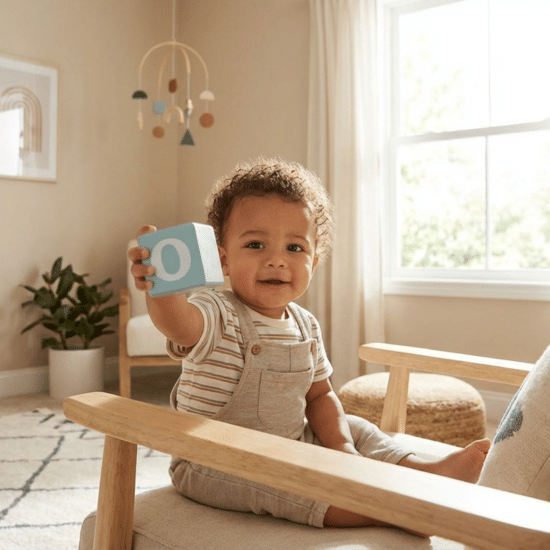 Adorable baby boy with letter O block for baby boy names starting with O