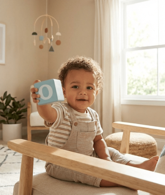 Adorable baby boy with letter O block for baby boy names starting with O