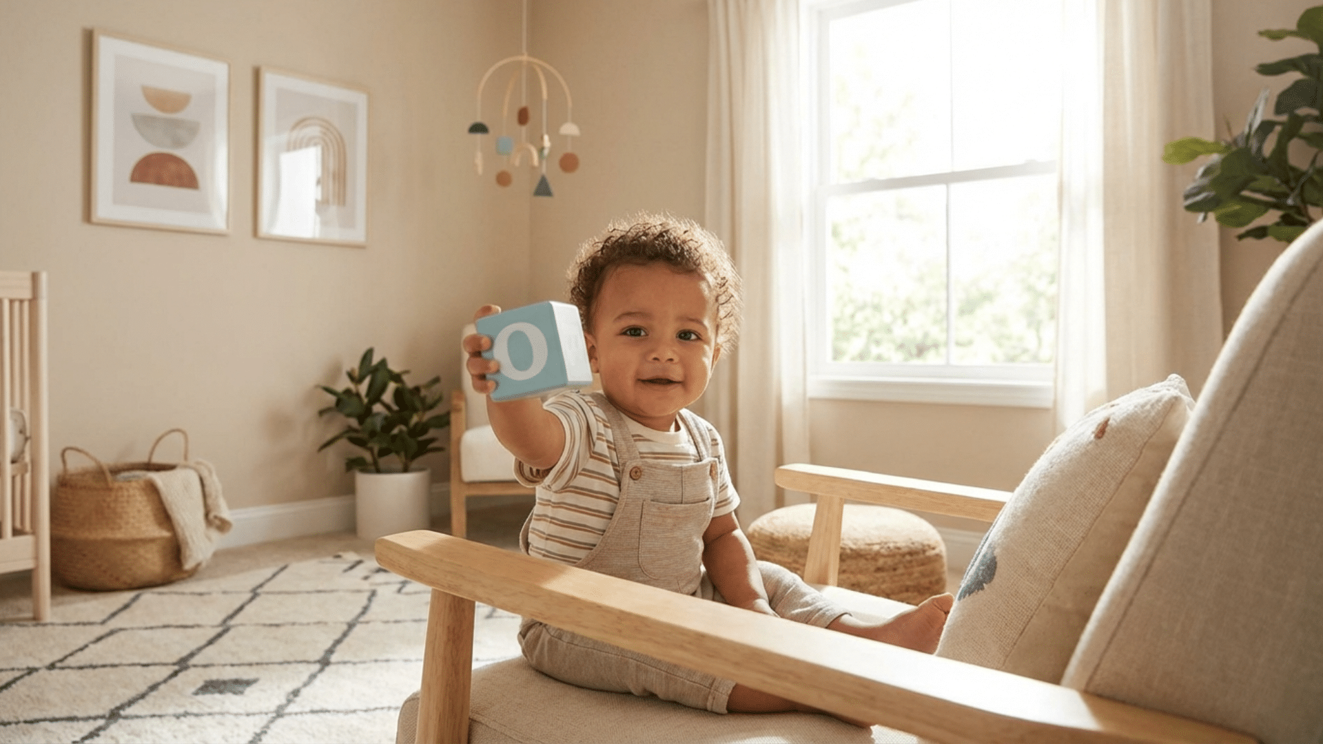 Adorable baby boy with letter O block for baby boy names starting with O