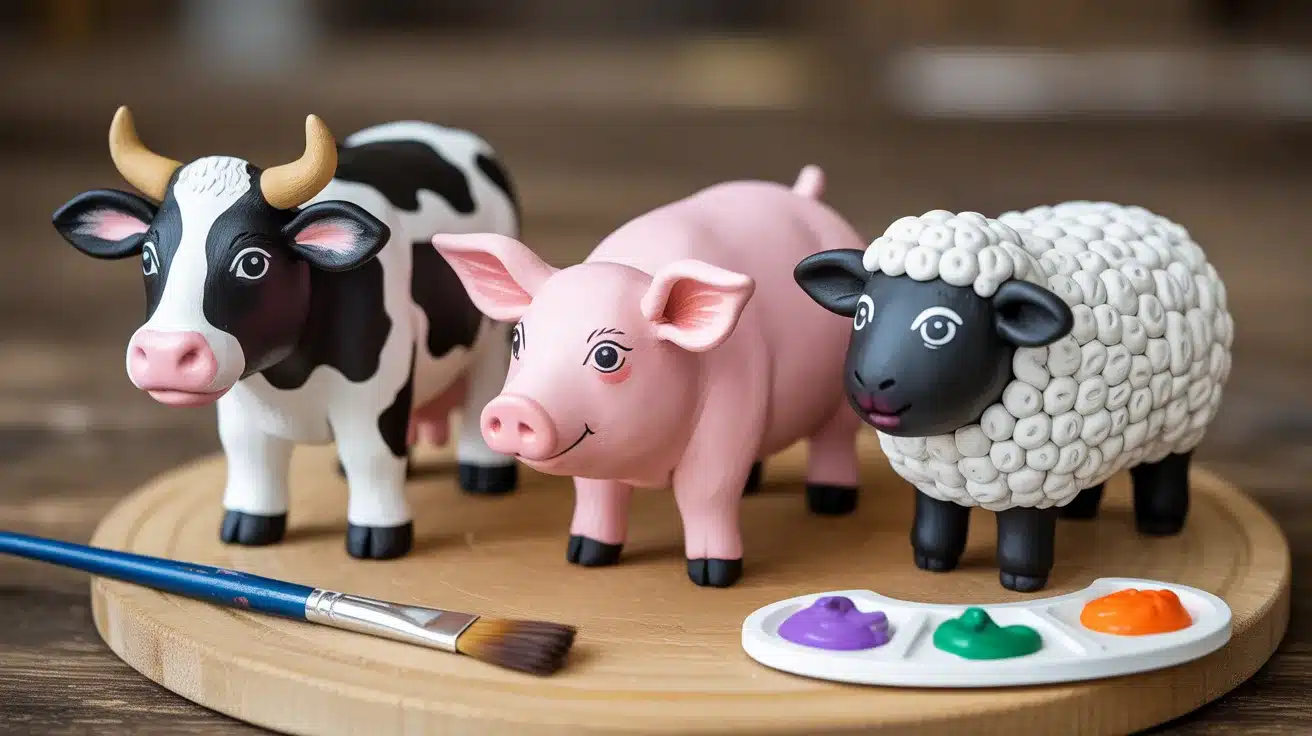Air-dry clay farm animal sculptures of a cow, pig, and sheep painted and displayed on a wooden board