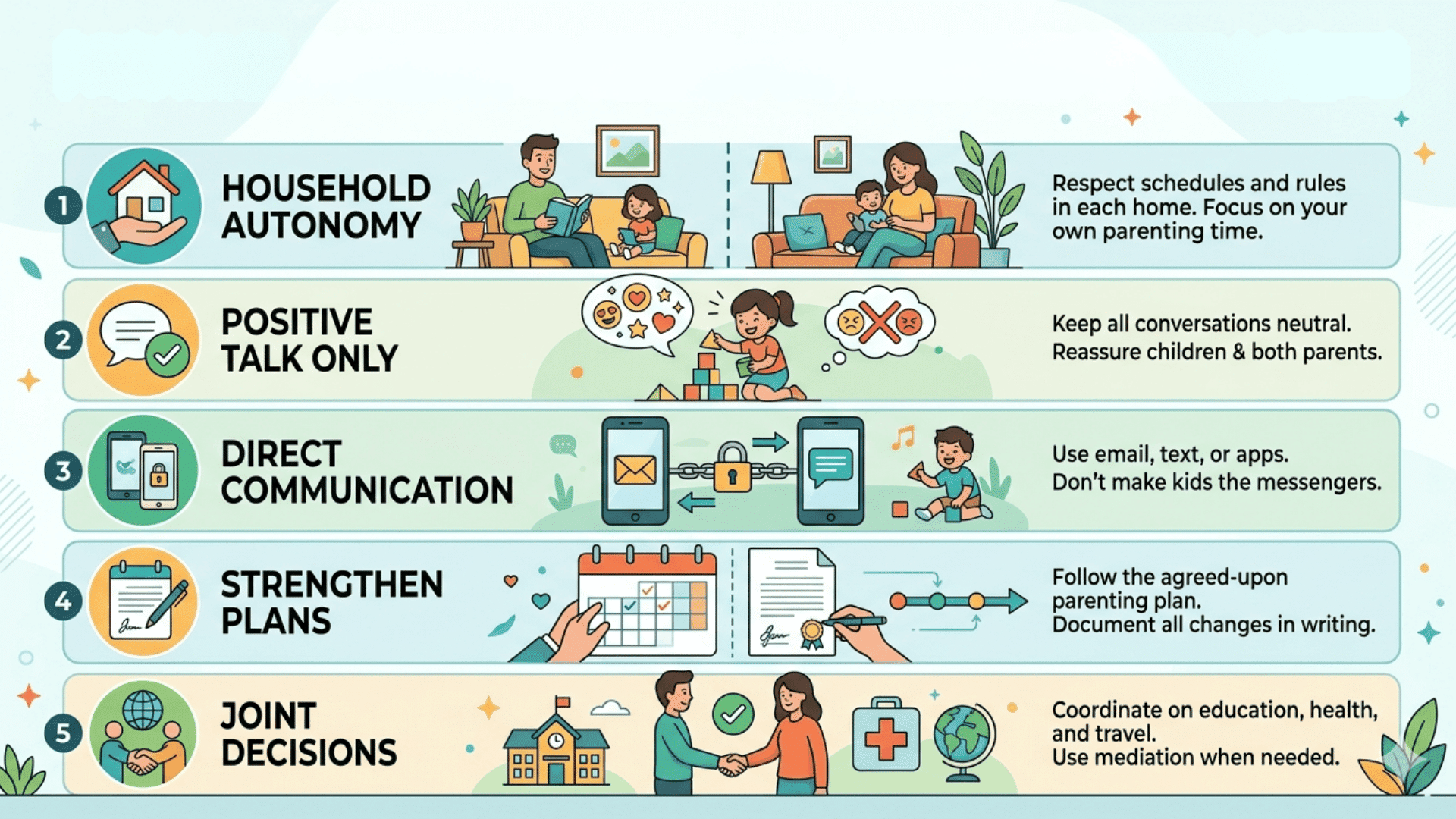 An infographic illustrating 5 parallel parenting rules for children's wellbeing with icons, cartoon scenes, and summary text.
