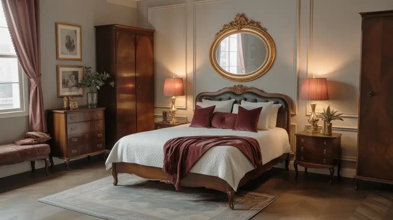Antique wood furniture, ornate gold mirror, and velvet pillows forming a timeless vintage aesthetic room idea
