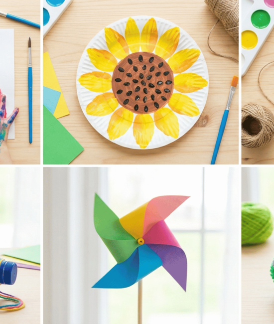 April crafts collage with rainbow art, sunflower, bunny print, bird feeder, and pinwheel