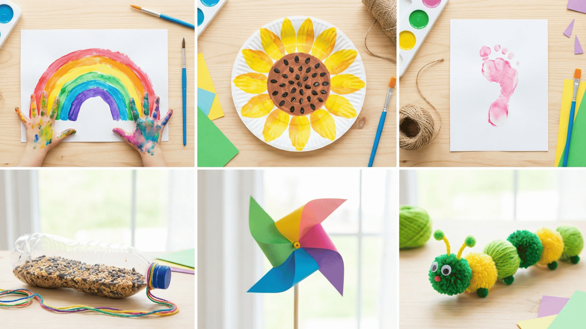 April crafts collage with rainbow art, sunflower, bunny print, bird feeder, and pinwheel