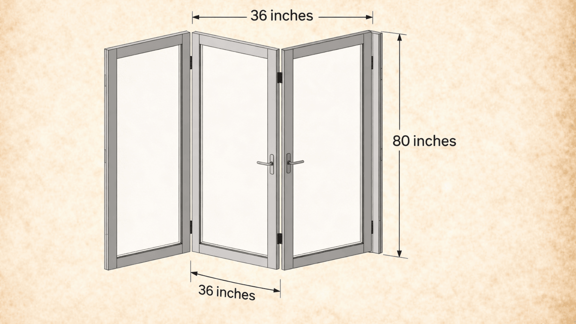 Architectural diagram of folding glass doors with labeled dimensions 36 inches width and 80 inches height on a beige textured background