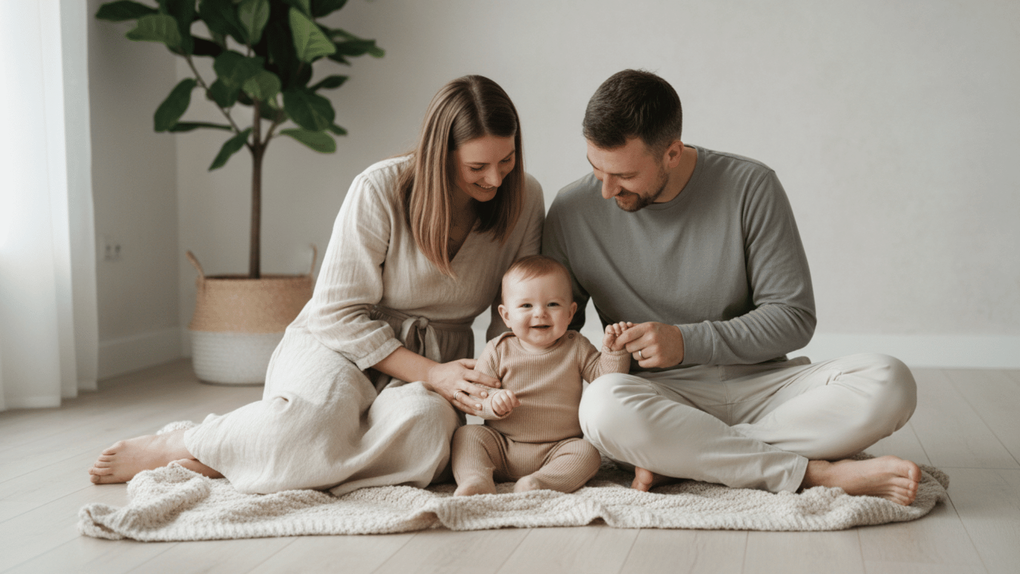 Baby and parents wearing matching outfits in family milestone photo.