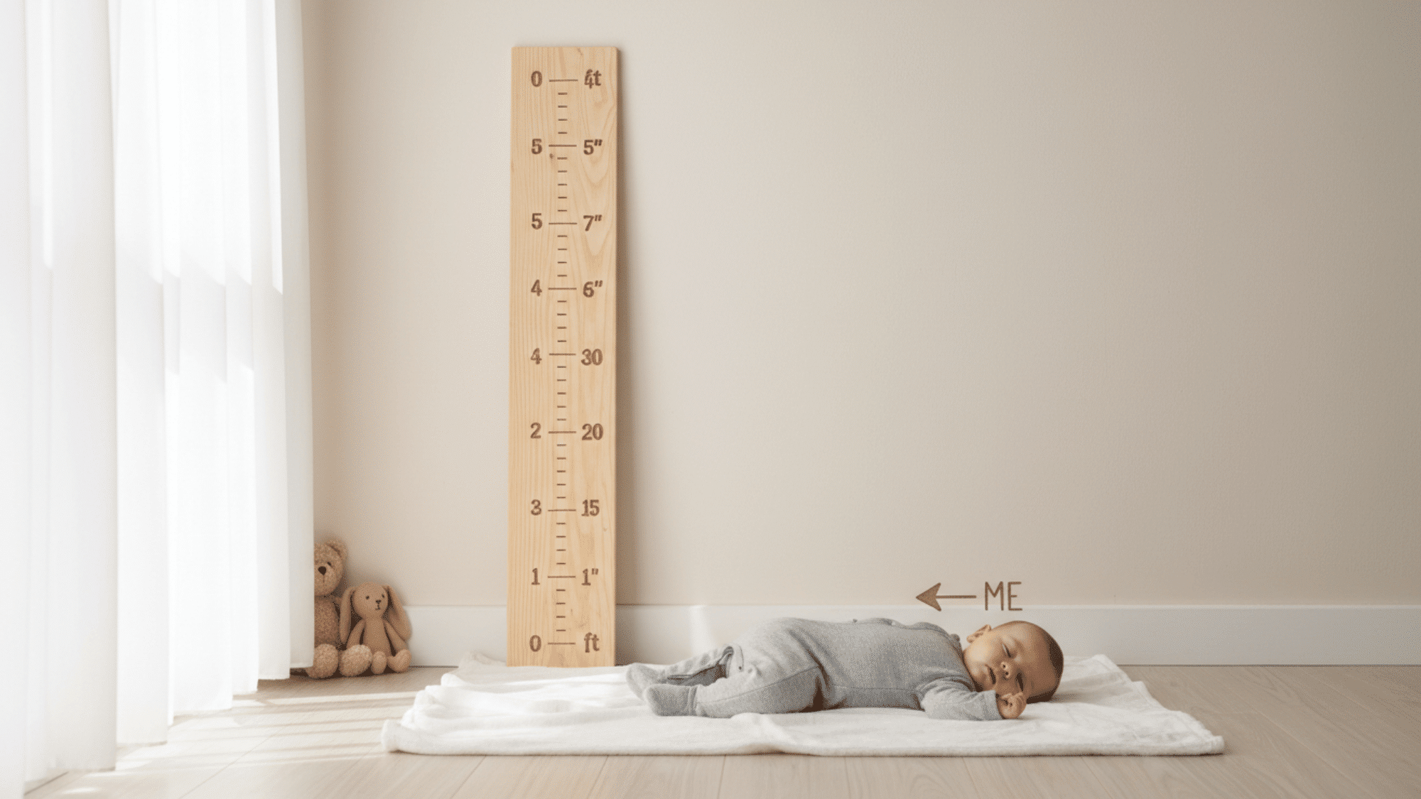 Baby beside wooden height chart showing growth in monthly photo.