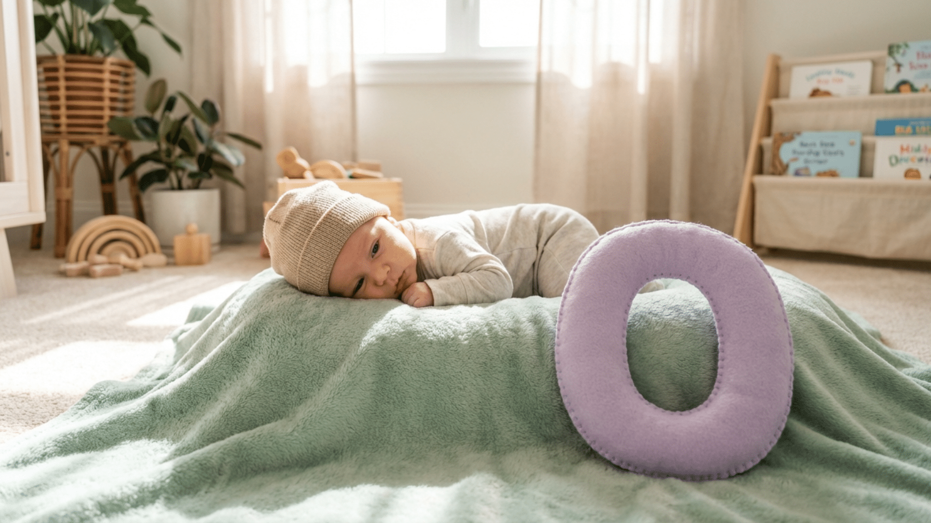 Baby boy next to decorative letter O representing boy names beginning with O