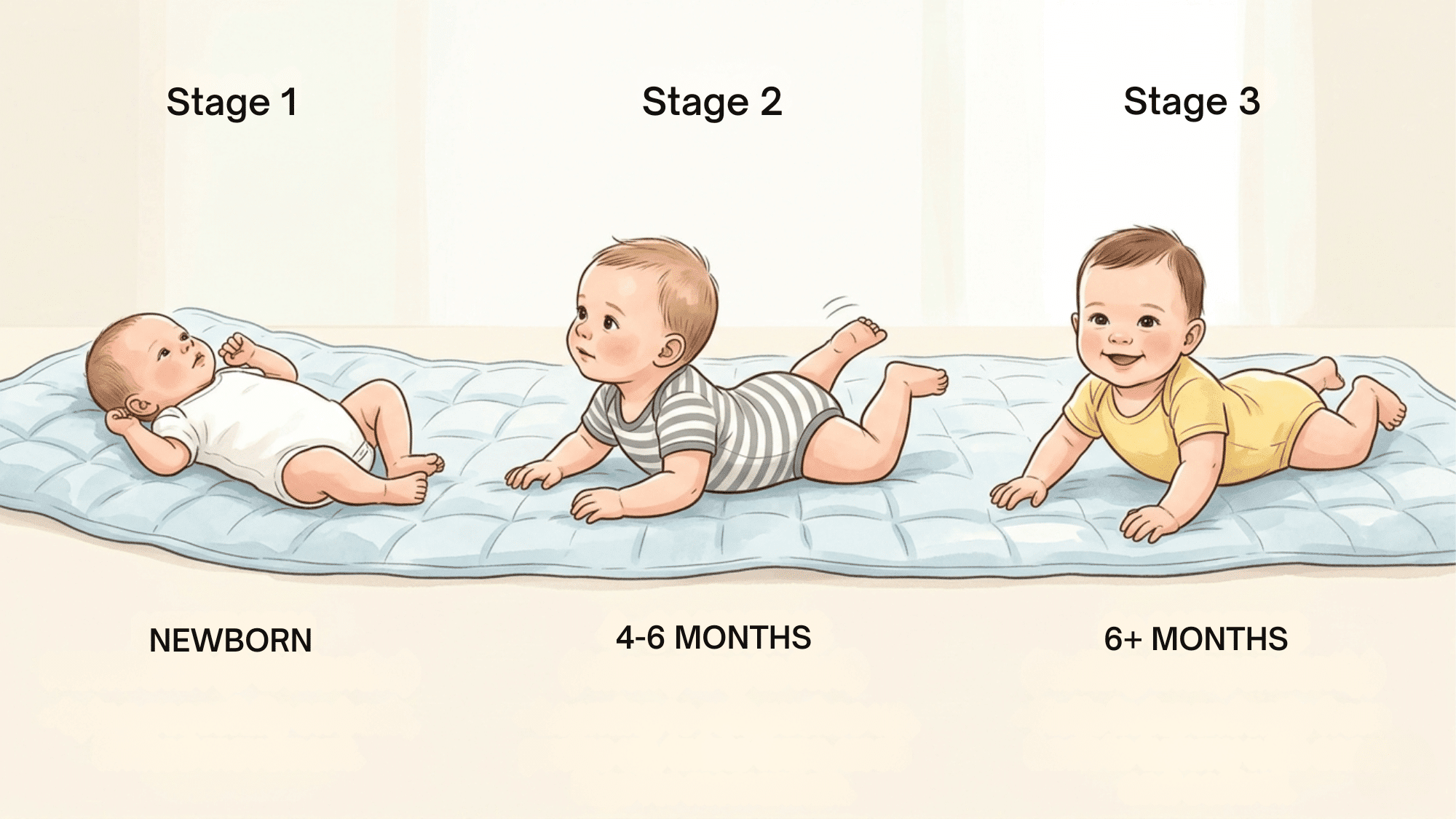 Baby development stages from back sleeping to rolling independently