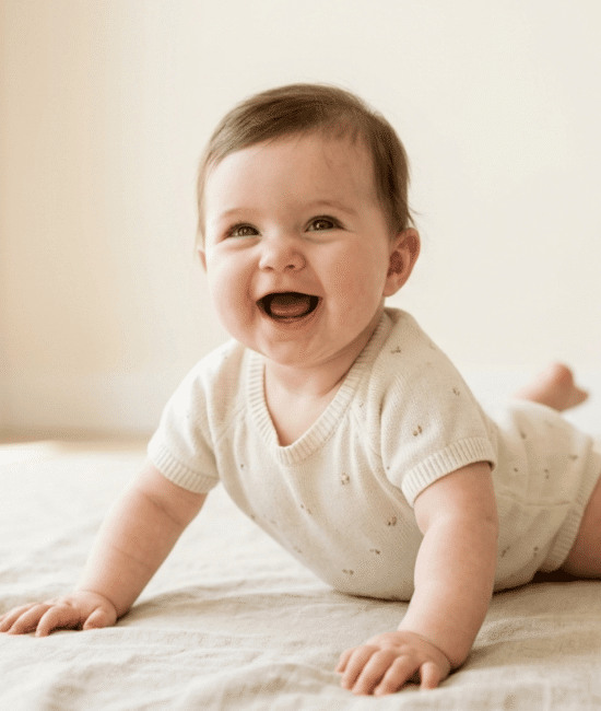 Baby doing tummy time with strong head and arm control