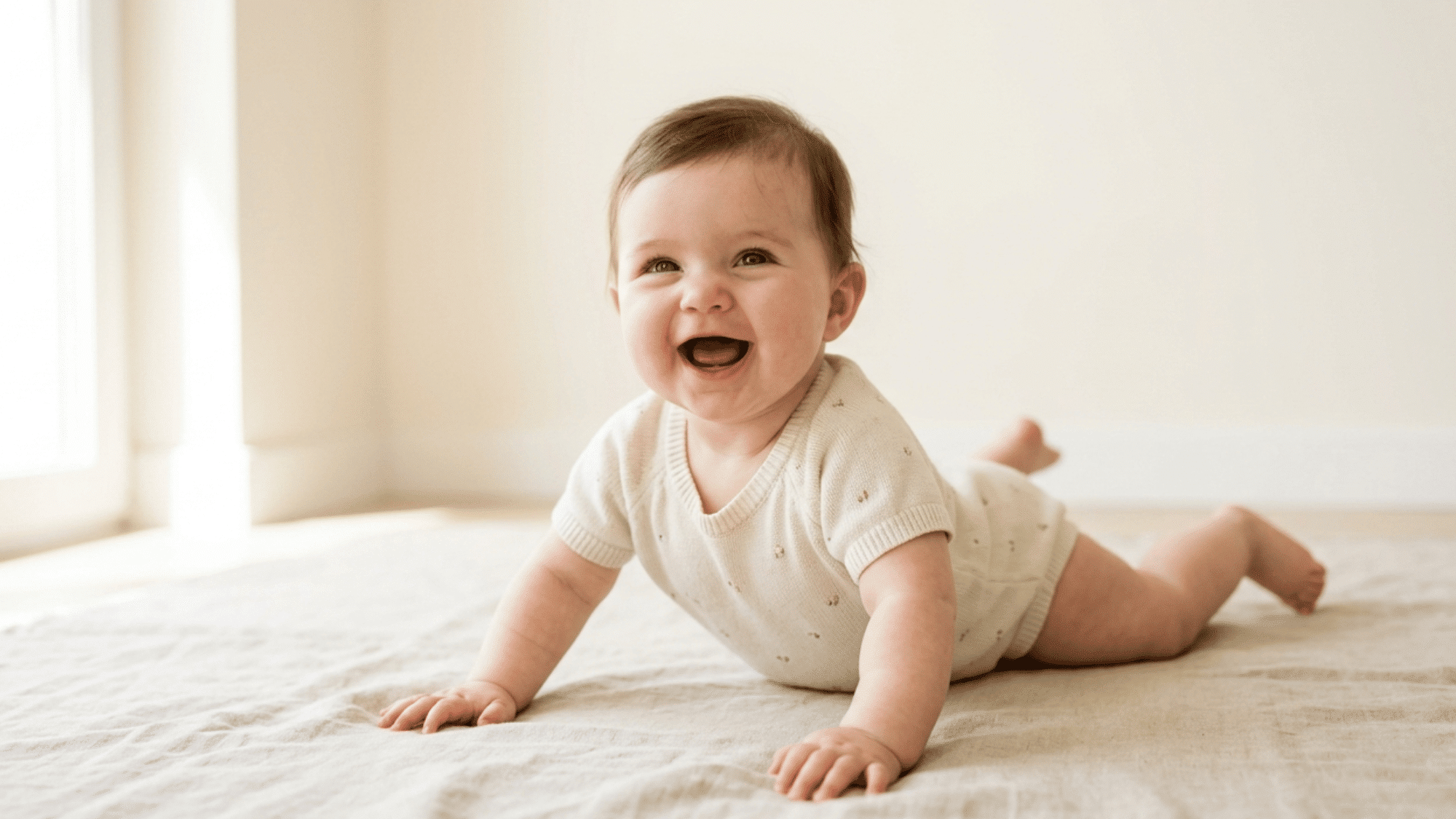 Baby doing tummy time with strong head and arm control