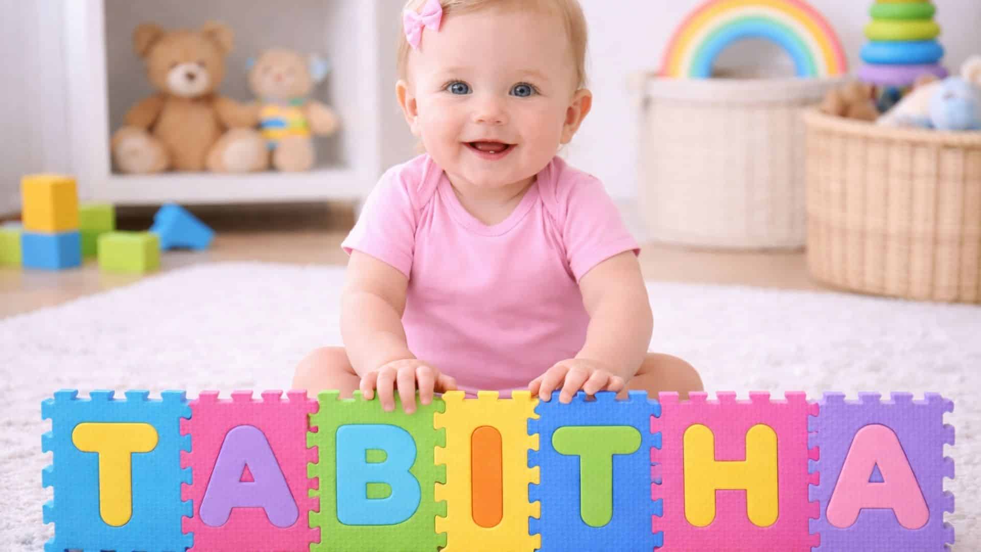 Baby girl sitting on nursery rug behind colorful foam puzzle tiles spelling TABITHA, smiling with toys and rainbow in background.
