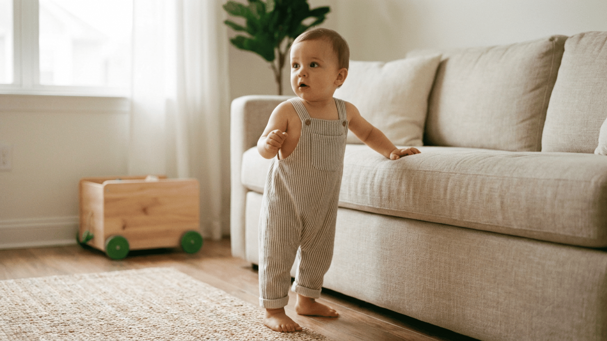 Baby holding a couch while learning to stand and balance.