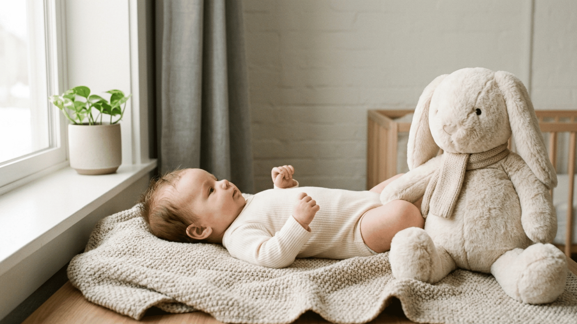 Baby lying beside teddy bear for monthly growth comparison photo.