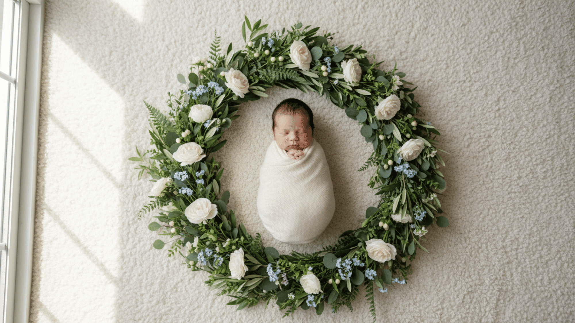 Baby lying inside a circle wreath setup for milestone photo.