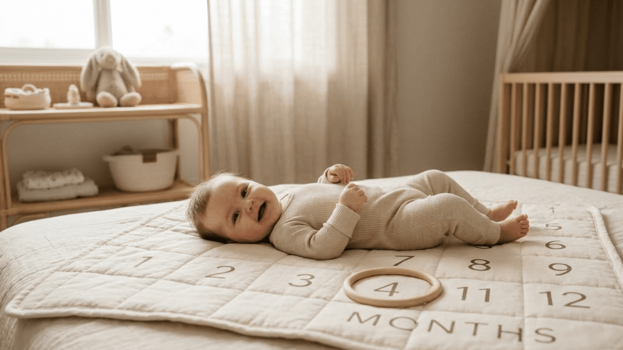 Baby lying on milestone blanket marking the current month.