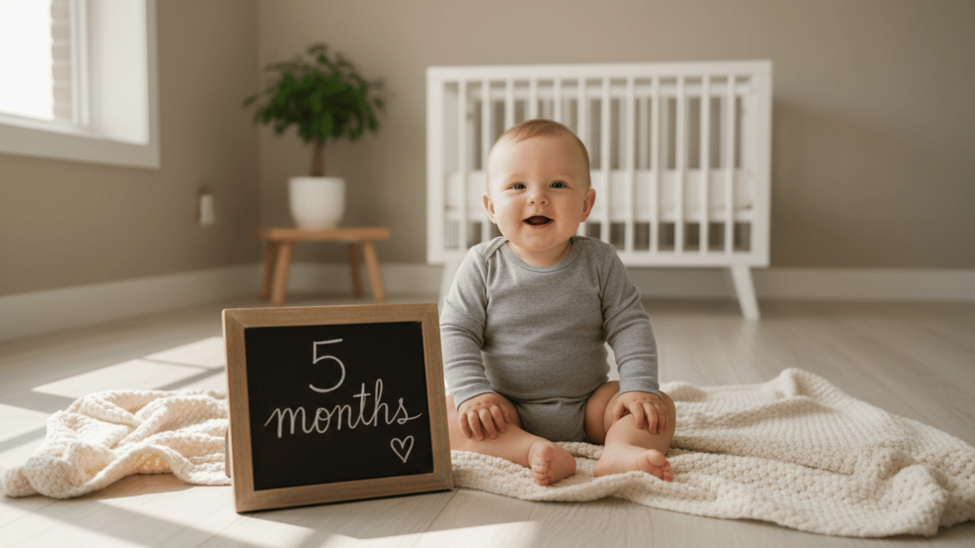 Baby milestone photo with chalkboard sign showing baby’s age.
