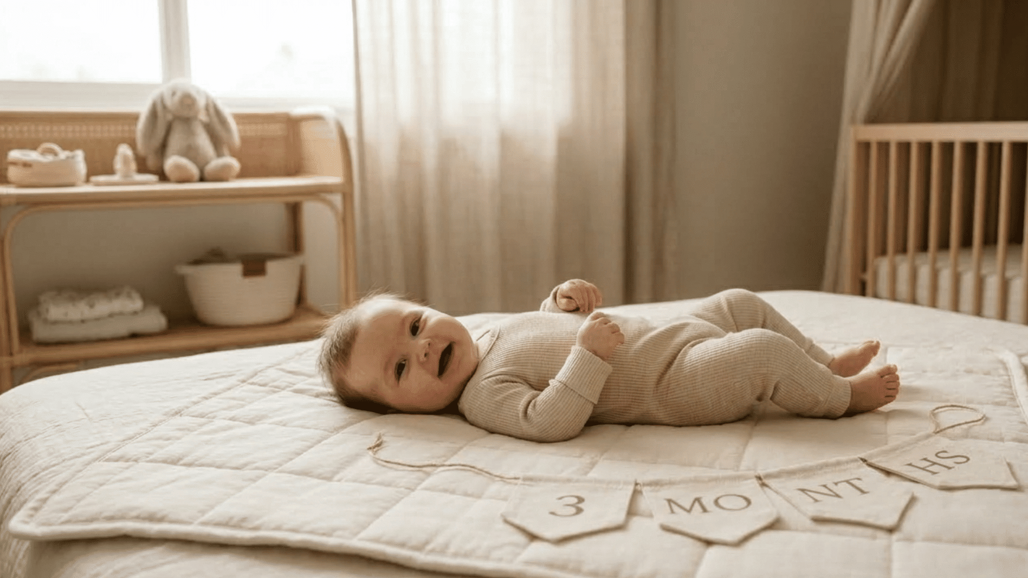 _Baby milestone photo with fabric pennant banner showing the baby’s month.