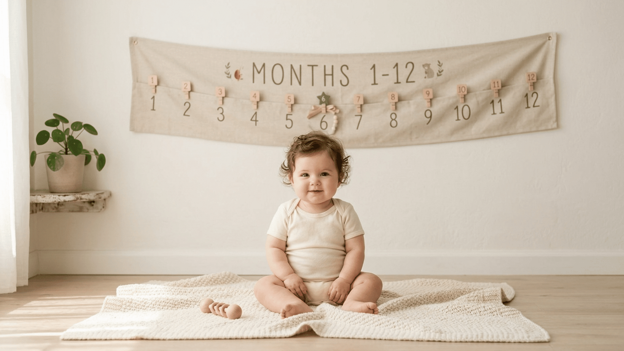 Baby milestone photo with timeline banner showing monthly growth. (1)