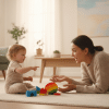 Baby pointing at toy while parent talks and smiles during early speech interaction.