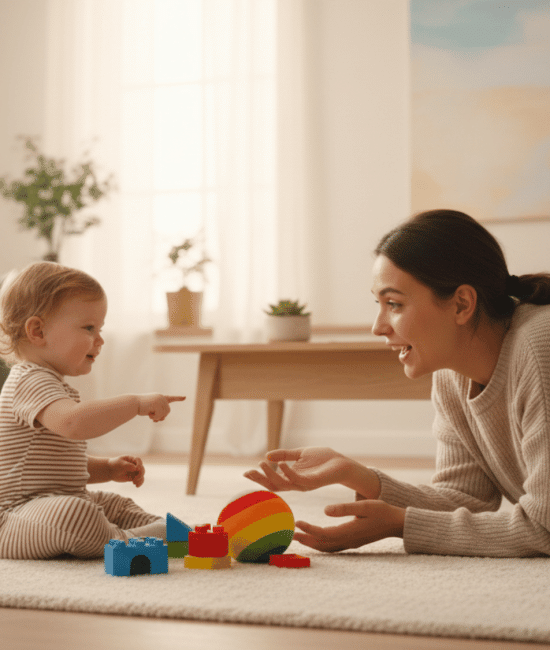 Baby pointing at toy while parent talks and smiles during early speech interaction.