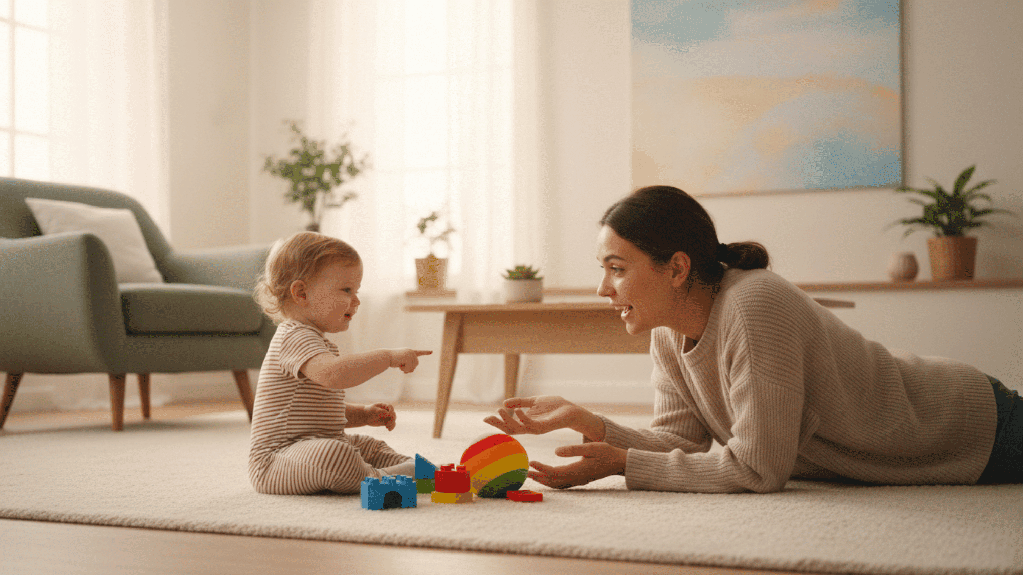 Baby pointing at toy while parent talks and smiles during early speech interaction.