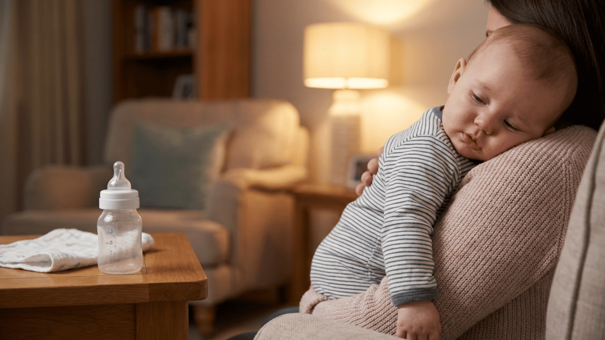 Baby resting after feeding with mild hiccups in a calm and cozy setting