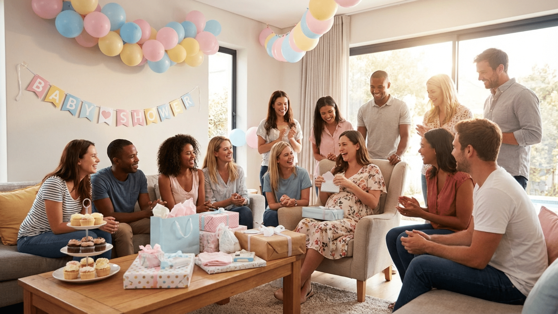 Baby shower celebration with family and friends gathered to celebrate expecting parents