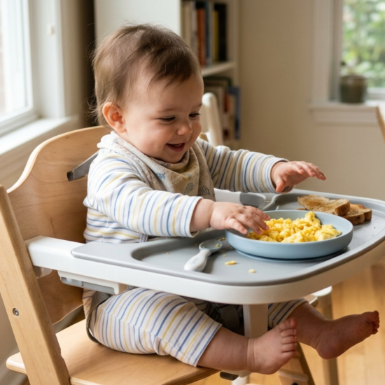 Baby showing readiness for solid food by reaching for egg