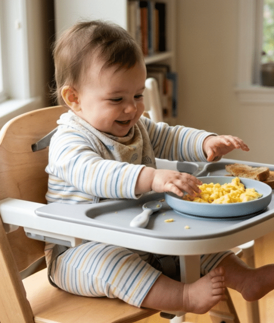 Baby showing readiness for solid food by reaching for egg