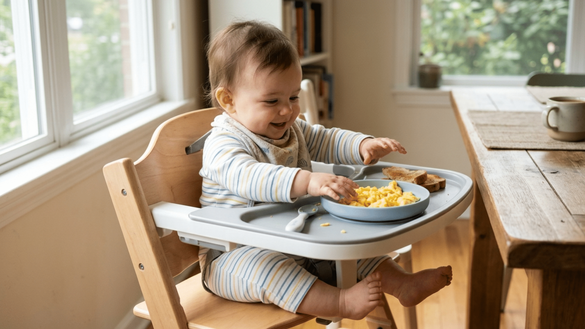 Baby showing readiness for solid food by reaching for egg