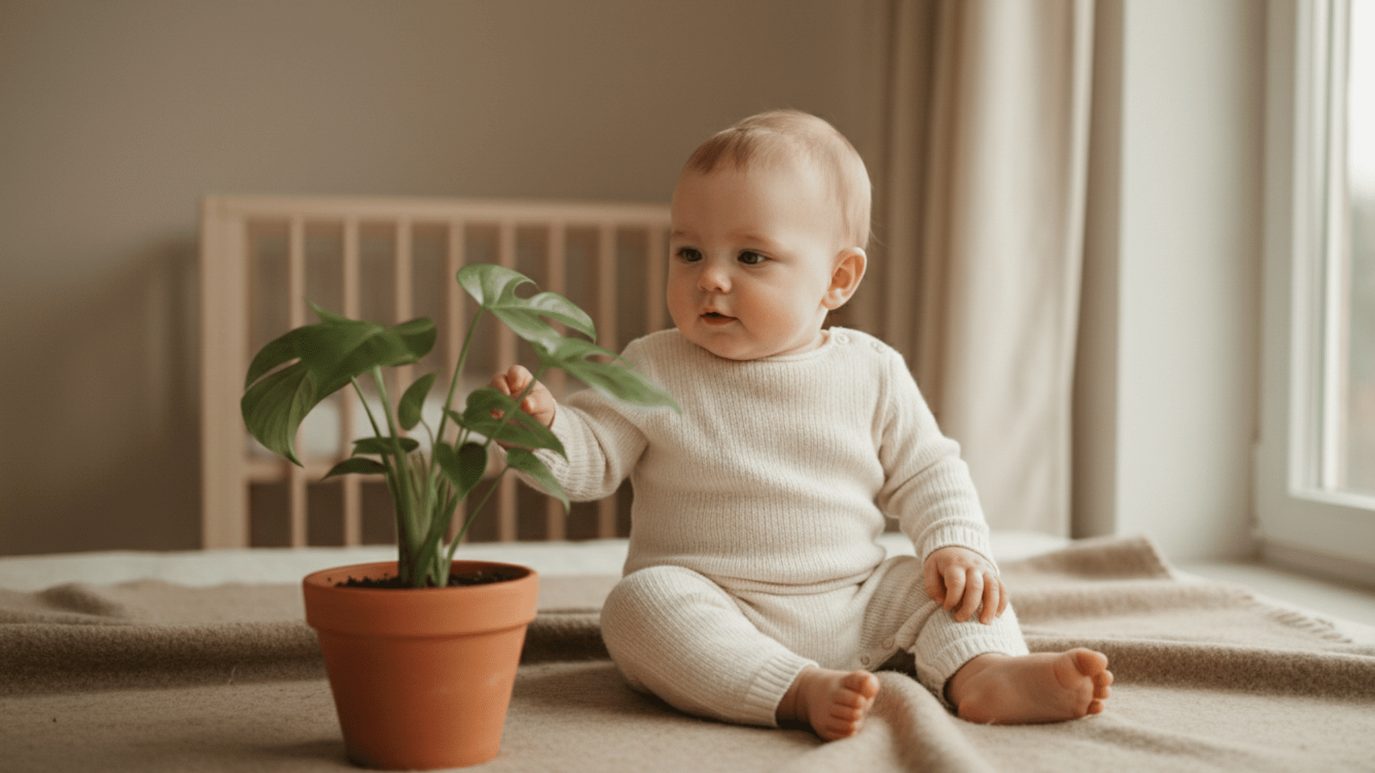 Baby sitting beside a flower pot plant for growth-themed milestone photo.