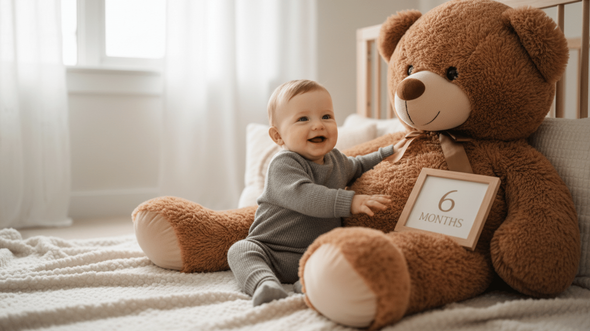 Baby sitting beside teddy bear to show monthly growth comparison.
