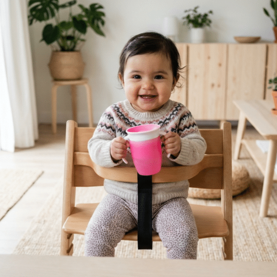 Baby sitting in a high chair holding a sippy cup during mealtime