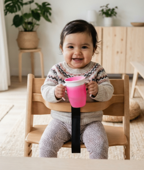 Baby sitting in a high chair holding a sippy cup during mealtime