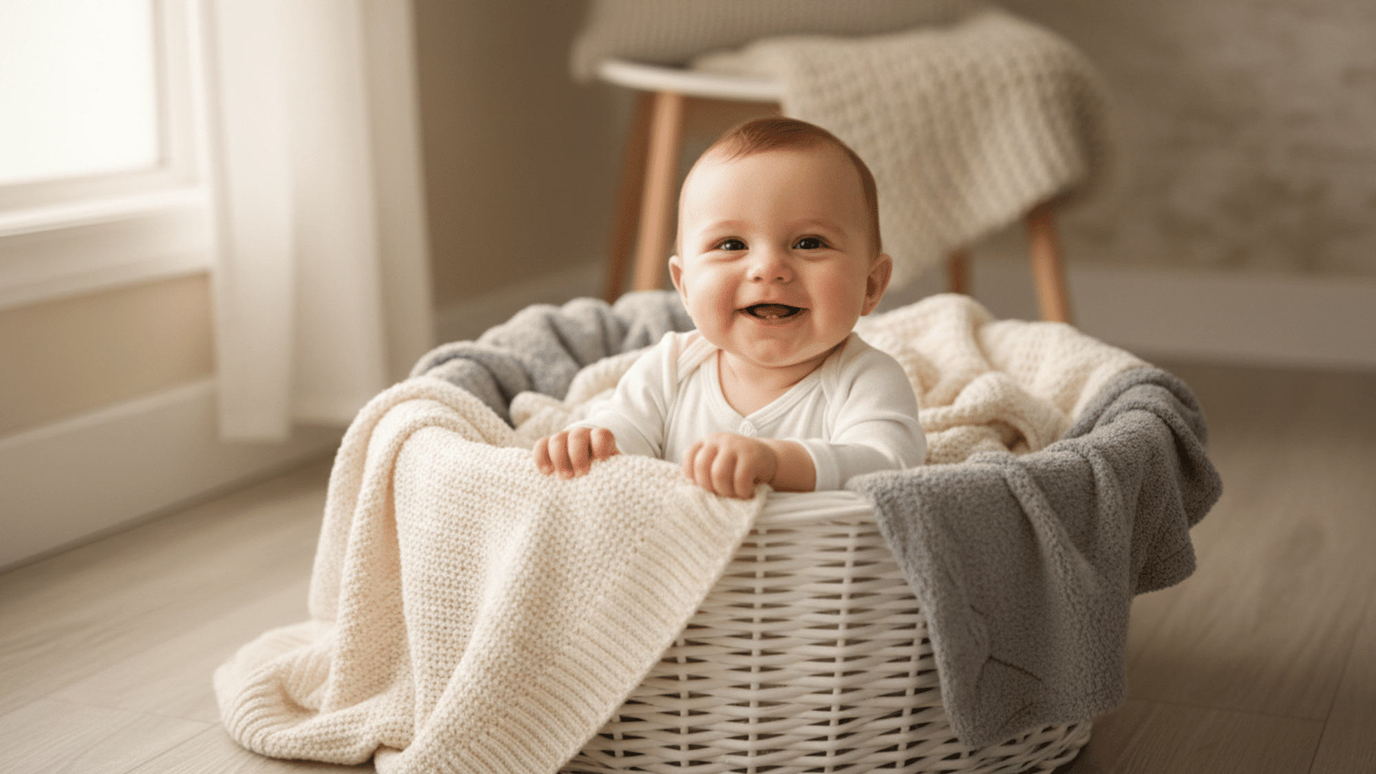 Baby sitting in laundry basket with soft blankets for cozy milestone photo.