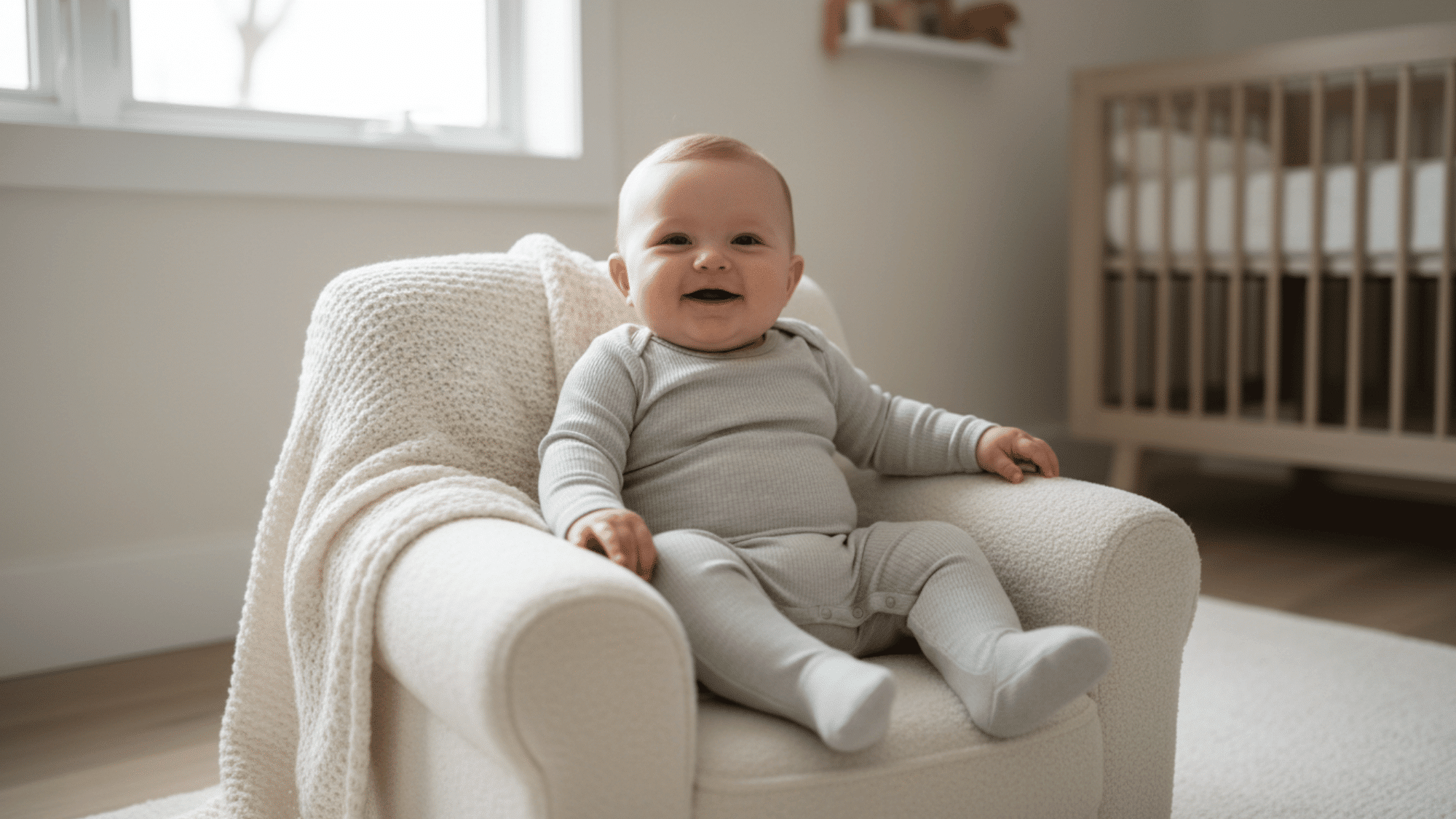Baby sitting in mini chair for cozy milestone photo.
