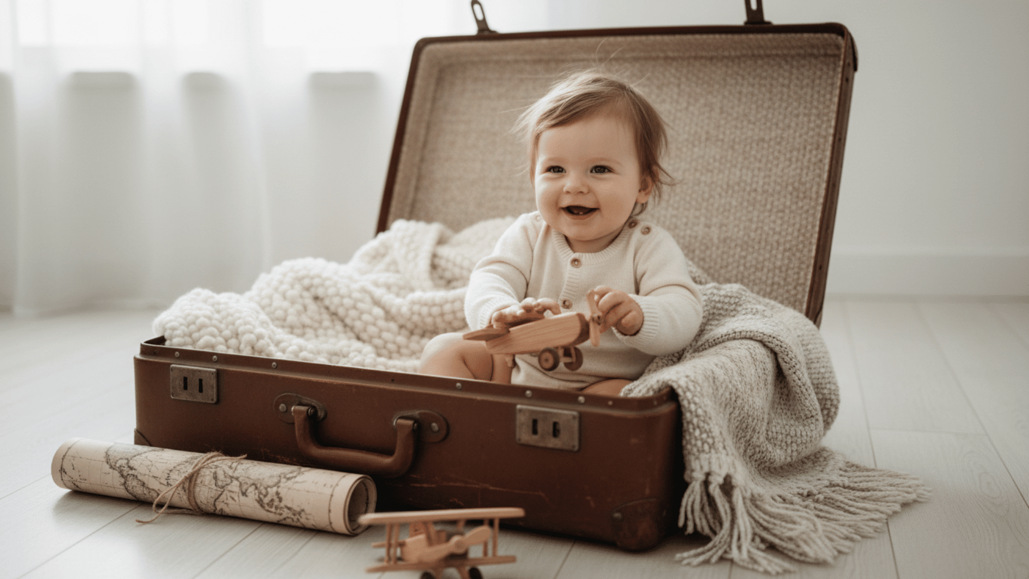 Baby sitting in vintage suitcase for travel-themed milestone photo.