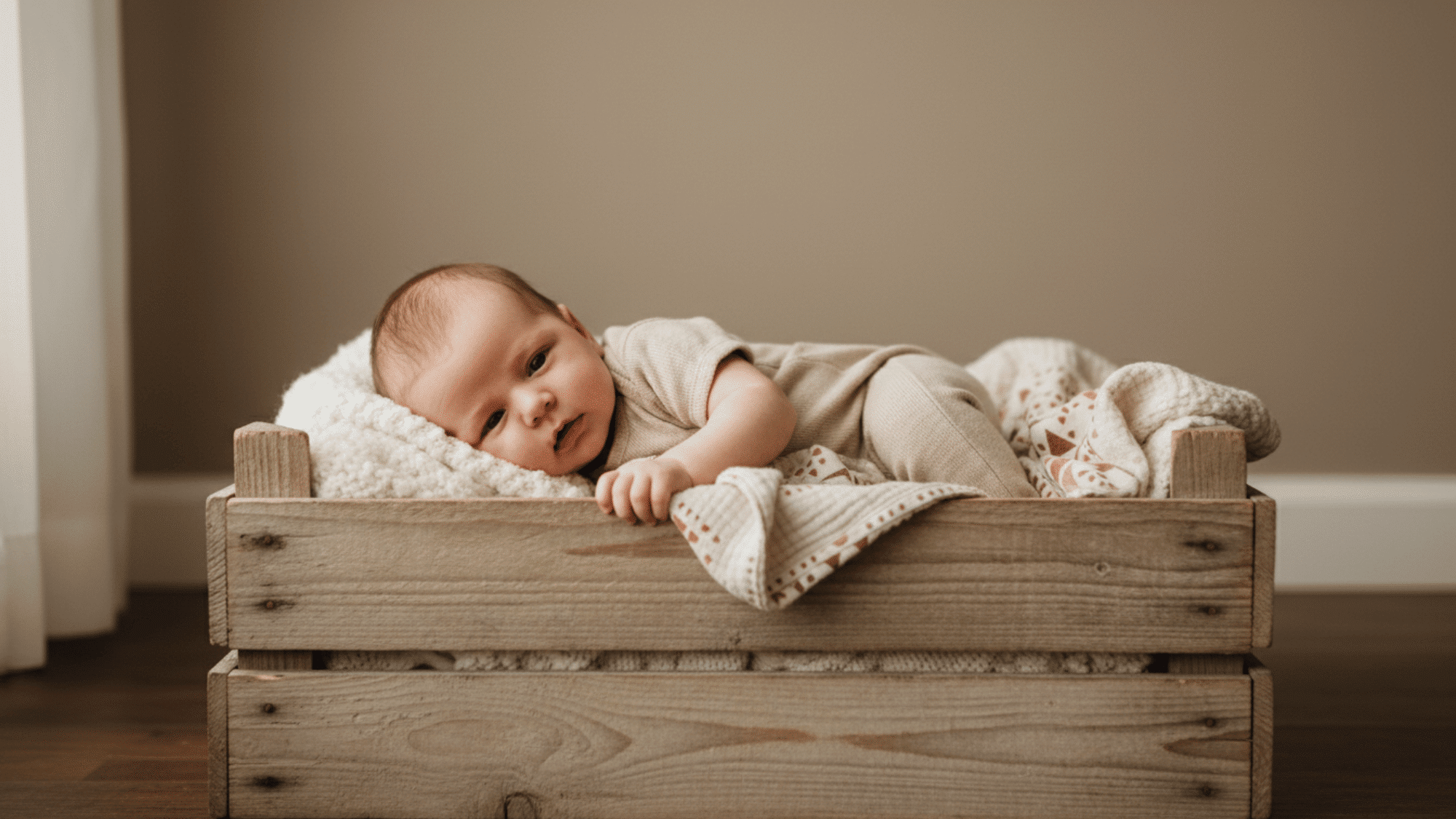 Baby sitting inside wooden crate with blankets for milestone photo.
