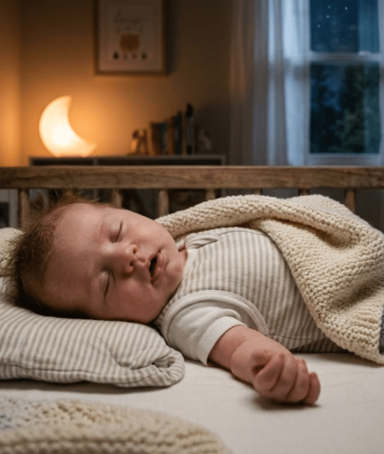 Baby sleeping peacefully with mouth slightly open in a quiet, softly lit nursery setting at night