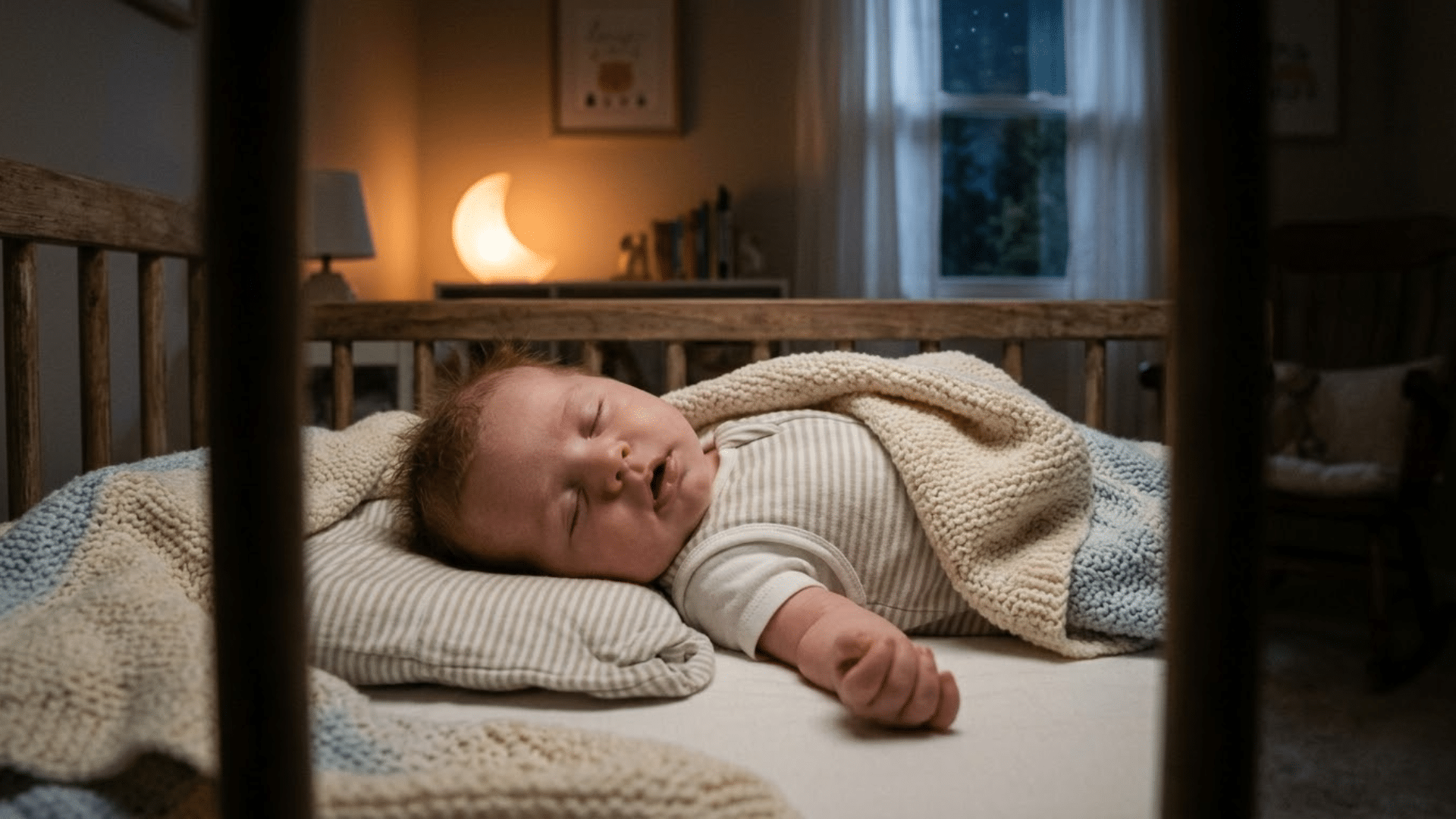 Baby sleeping peacefully with mouth slightly open in a quiet, softly lit nursery setting at night