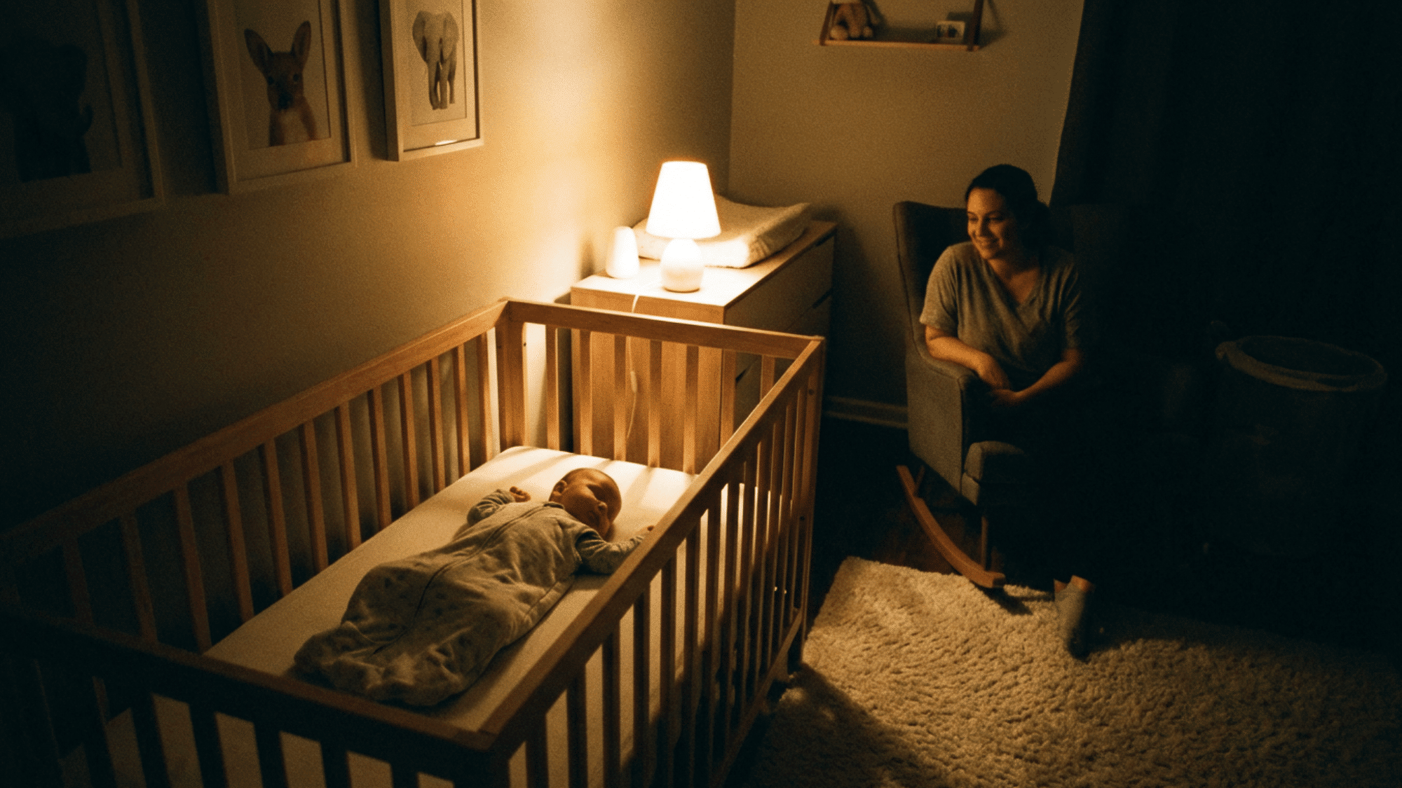 Baby sleeping safely on back in crib while parent watches nearby